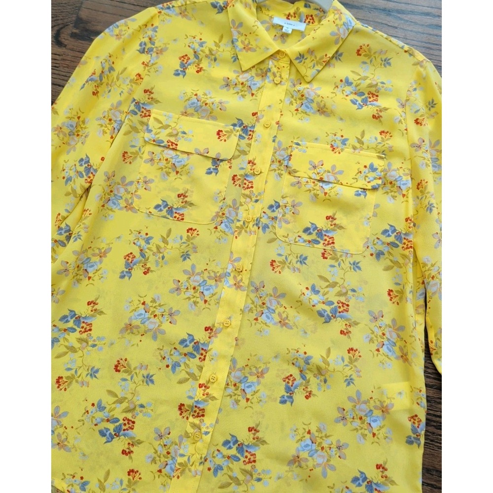 A Loves A Yellow Floral 100% Silk Boho Cottagecore Button Up L/S Shirt Sz M
